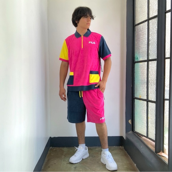 Men’s Fila Tennis Terry Cloth Hot PinkYellowNavy Short Set NWT